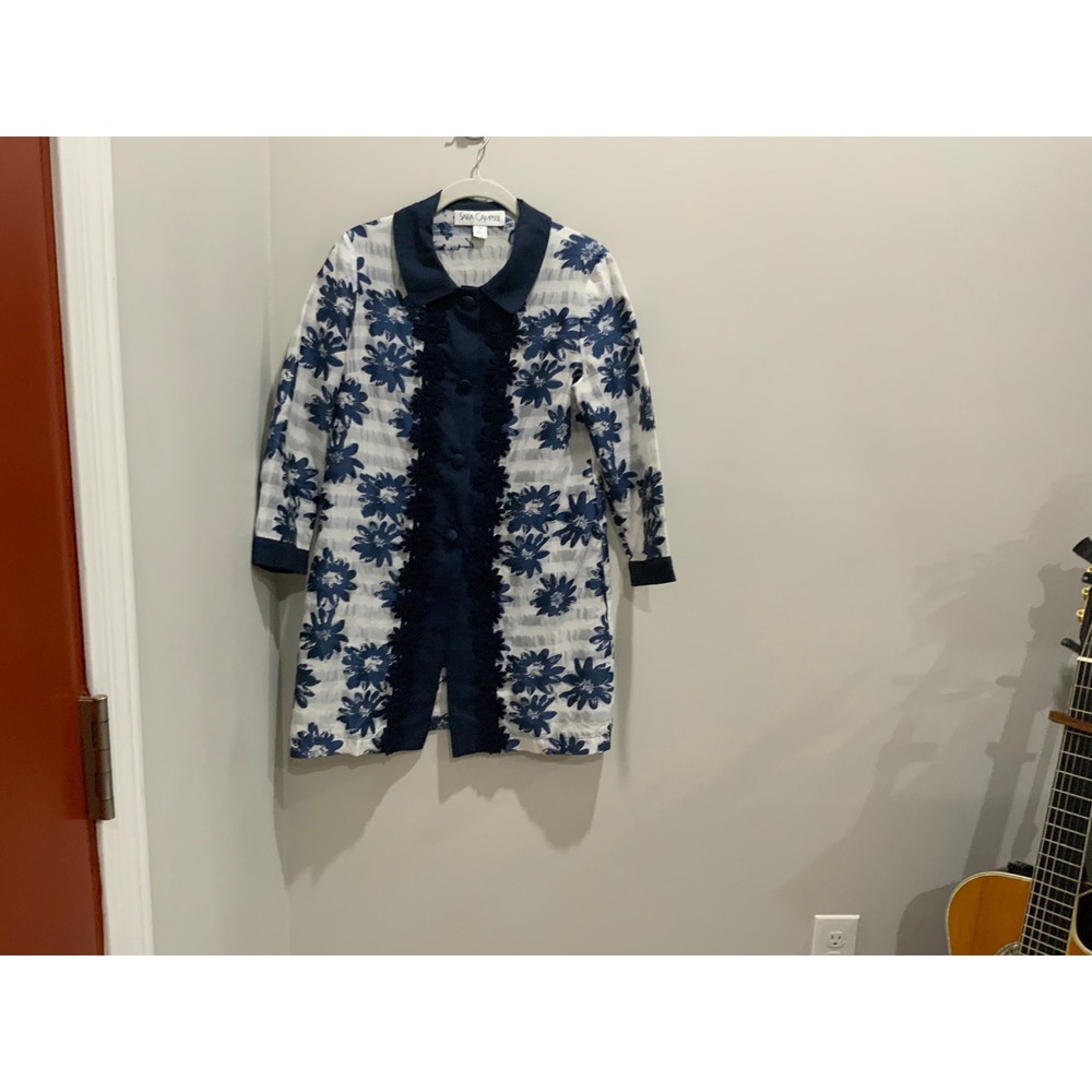 Sara Campbell Floral Coat Dress Navy White Applique Trim XS Made in USA